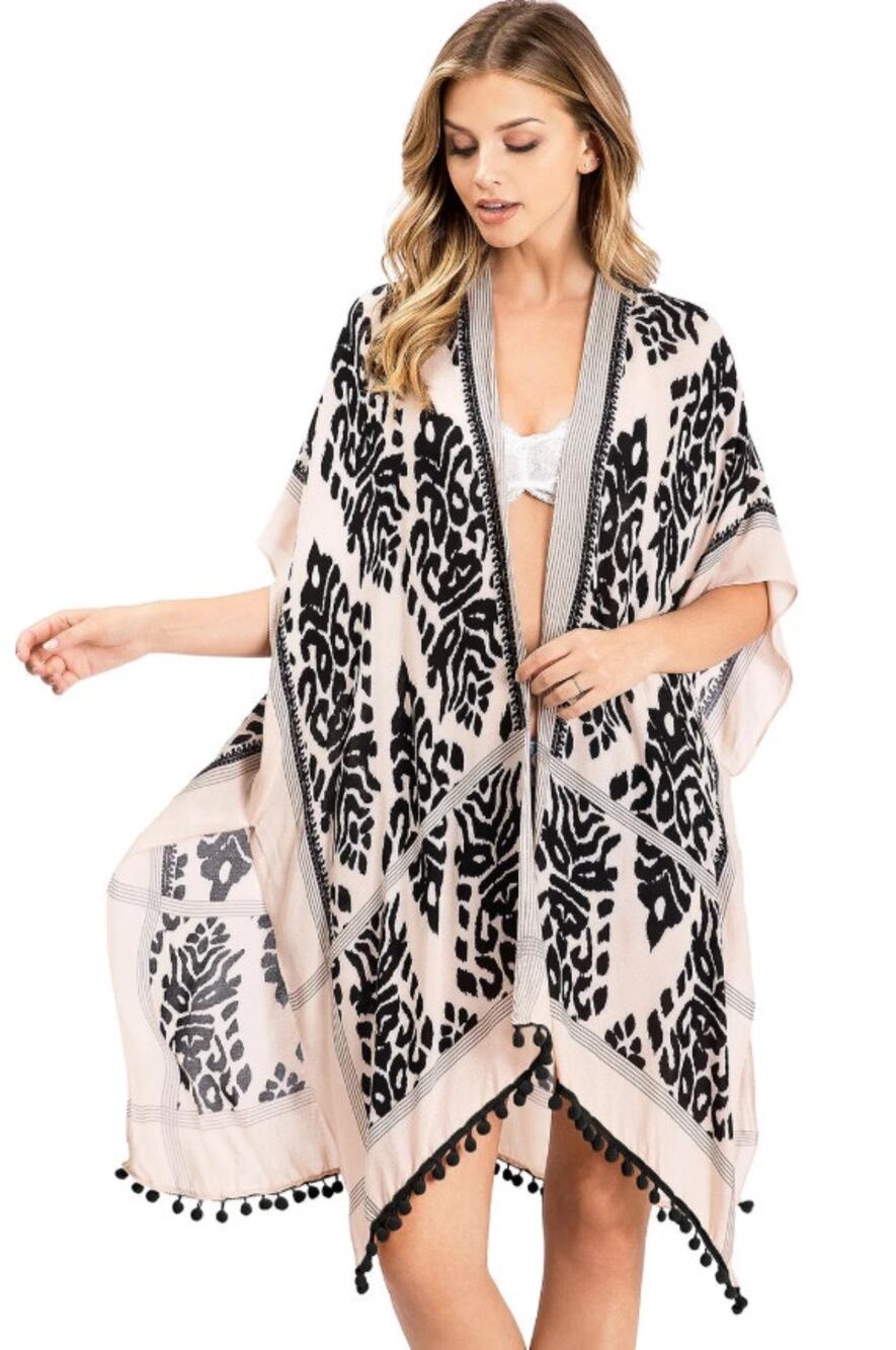 Black White Boho Print Kimono One Size Pom Pom Trim Open Front Cover Up
